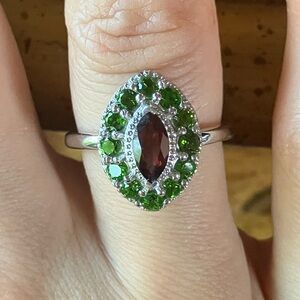 Natural Red Garnet Chrome Diopside Sterling Silver Halo Ring